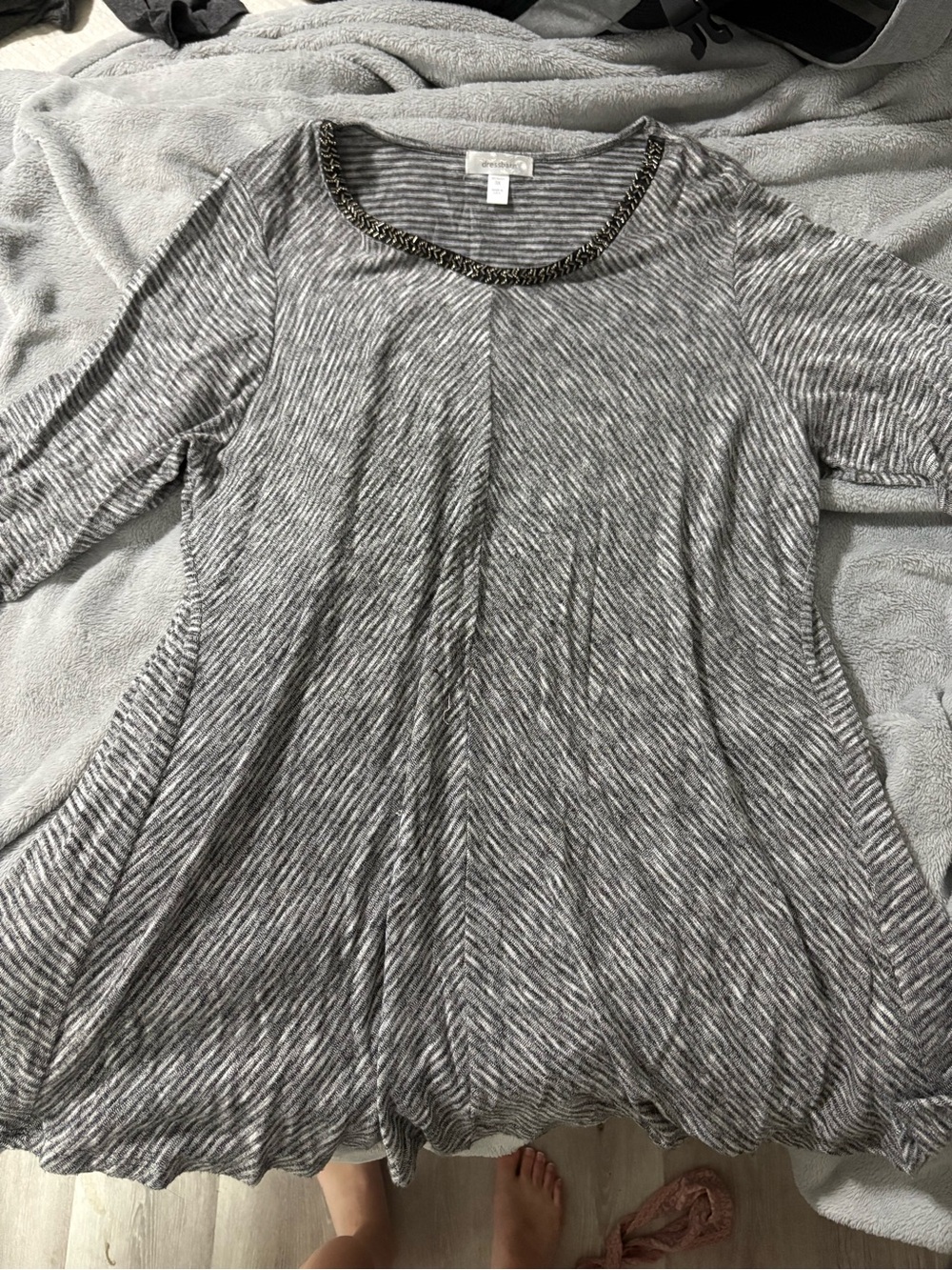 dressbarn Gray Striped Long Sleeve Top with Chain Trim
